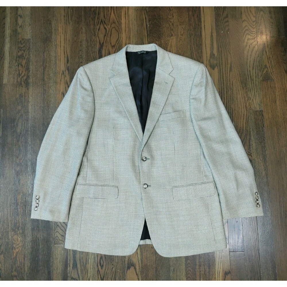 Jos. A. Bank Suit Jacket Blazer Mens 44R Beige Brown Houndstooth Silk Wool Blend